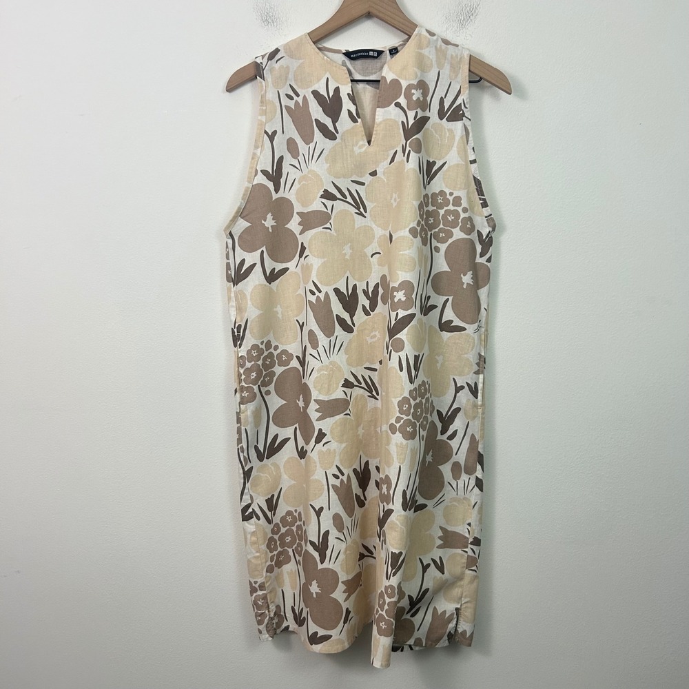 Uniqlo x Marimekko Floral Cotton Linen Shift Dress Beige Brown Sleeveless S